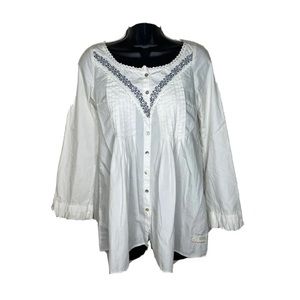 Odd Molly Anthropologie, embroidered boho pleated tunic blouse, buttons cotto